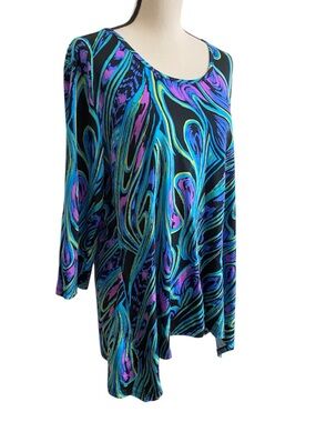 Collections Etc Large Tunic Top Abstract Paisley Blue Purple Black Retro 90s